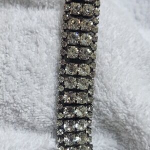 Vintage Four Row Clear Rhinestone Silver Tone Bracelet Formal Bridal Statement